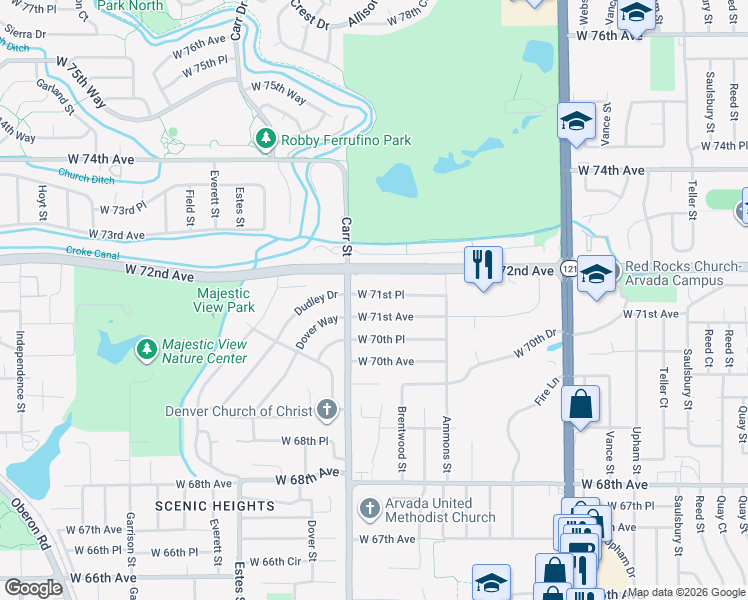 map of restaurants, bars, coffee shops, grocery stores, and more near 8341 West 71st Place in Arvada