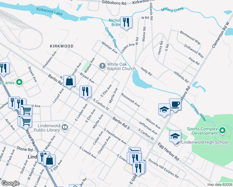 map of restaurants, bars, coffee shops, grocery stores, and more near 811 Myrtle Avenue in Lindenwold