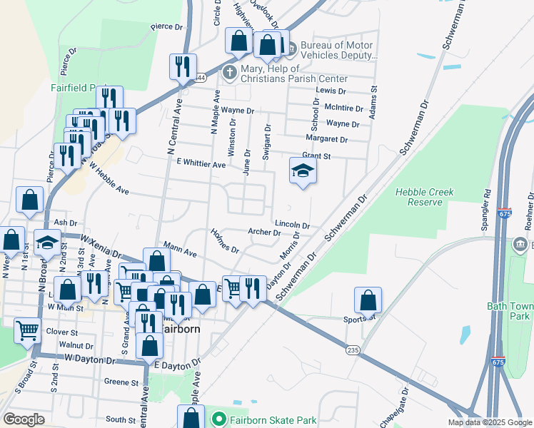 map of restaurants, bars, coffee shops, grocery stores, and more near 410 Wallace Drive in Fairborn