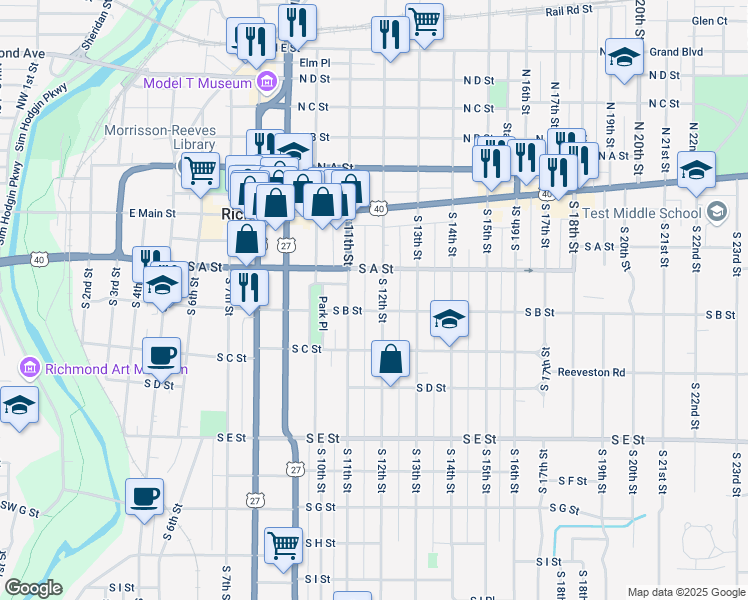 map of restaurants, bars, coffee shops, grocery stores, and more near 120 South 12th Street in Richmond