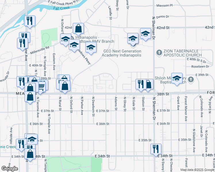 map of restaurants, bars, coffee shops, grocery stores, and more near 3817 Cooper Square Court in Indianapolis