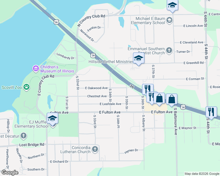 map of restaurants, bars, coffee shops, grocery stores, and more near 3400 East Oakwood Avenue in Decatur