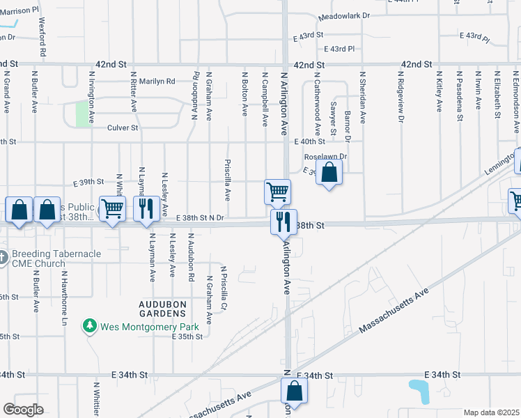 map of restaurants, bars, coffee shops, grocery stores, and more near 3821 North Bolton Avenue in Indianapolis