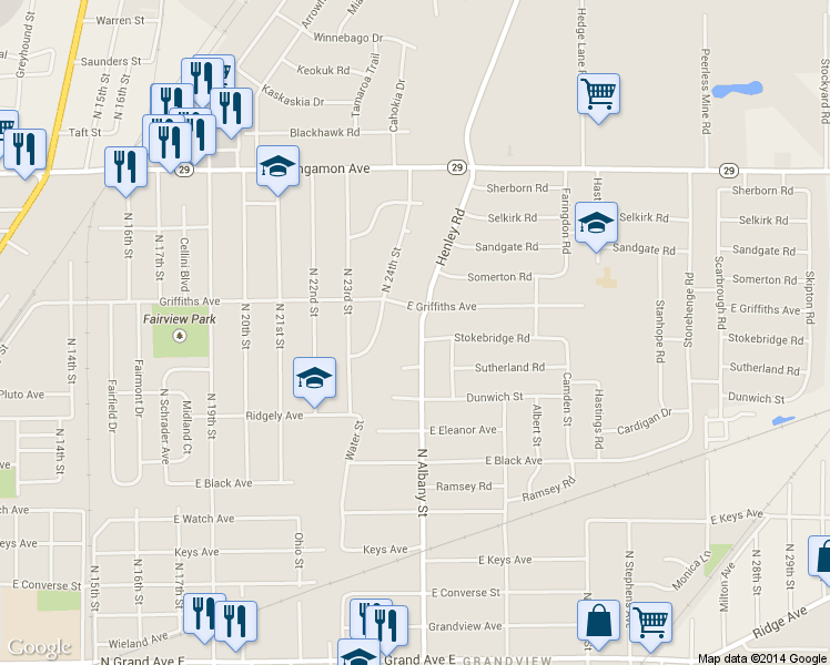 map of restaurants, bars, coffee shops, grocery stores, and more near 1909 North Albany Street in Springfield