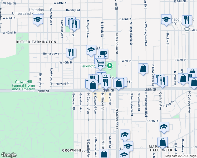 map of restaurants, bars, coffee shops, grocery stores, and more near 3903 North Kenwood Avenue in Indianapolis