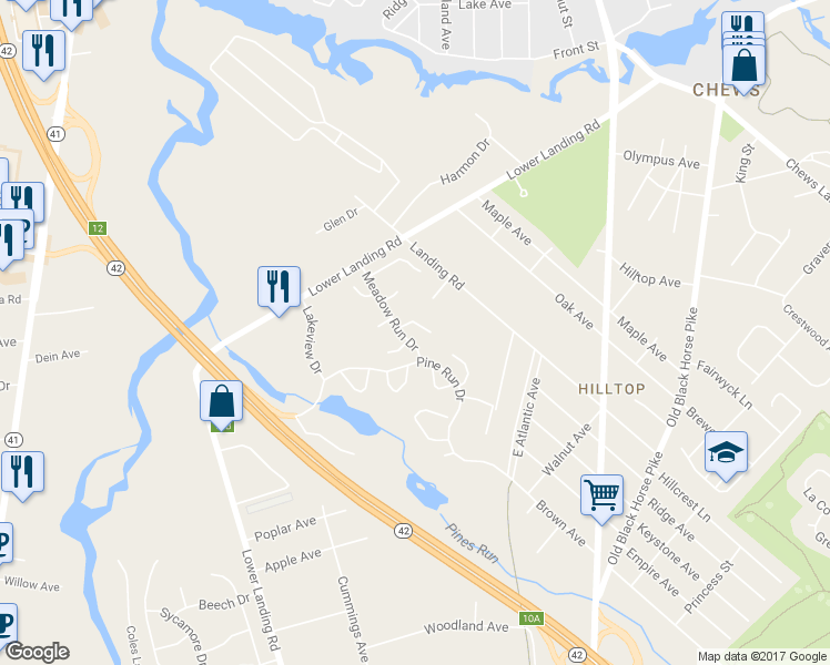 map of restaurants, bars, coffee shops, grocery stores, and more near 11 Linden Court in Camden County