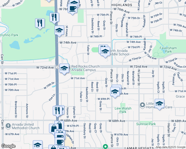 map of restaurants, bars, coffee shops, grocery stores, and more near 7054 West 71st Place in Arvada