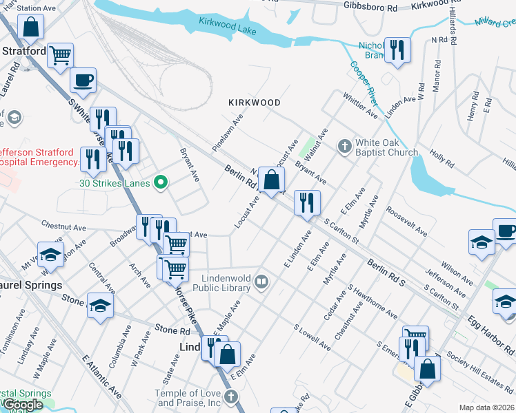 map of restaurants, bars, coffee shops, grocery stores, and more near 519 Locust Avenue in Lindenwold