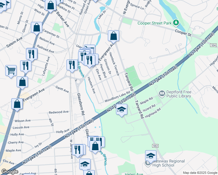 map of restaurants, bars, coffee shops, grocery stores, and more near 515 Penn Boulevard in Woodbury