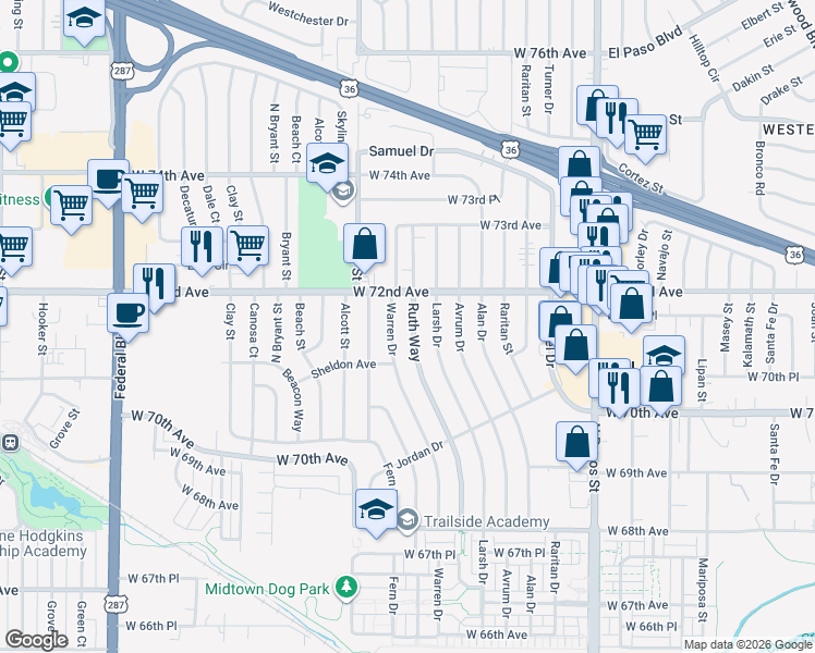map of restaurants, bars, coffee shops, grocery stores, and more near 7141 Ruth Way in Denver