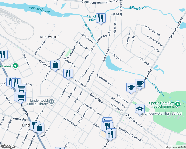 map of restaurants, bars, coffee shops, grocery stores, and more near 811 Myrtle Avenue in Lindenwold