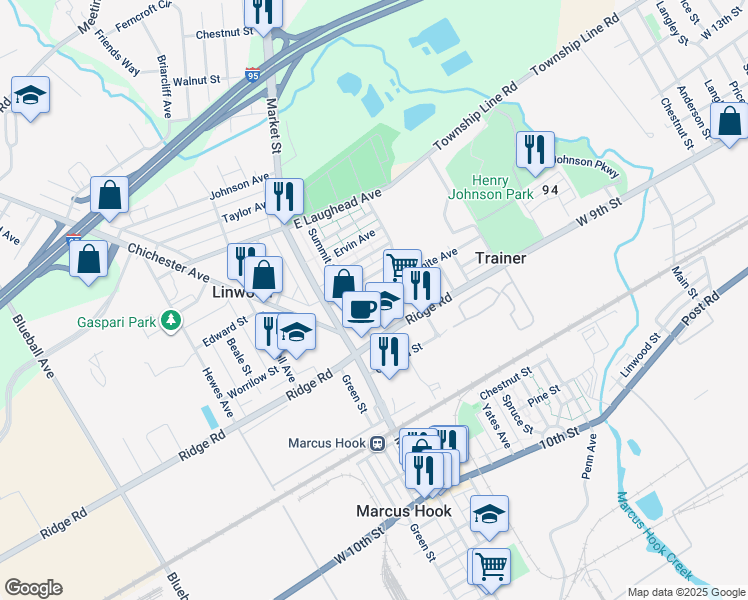 map of restaurants, bars, coffee shops, grocery stores, and more near 125 White Avenue in Linwood