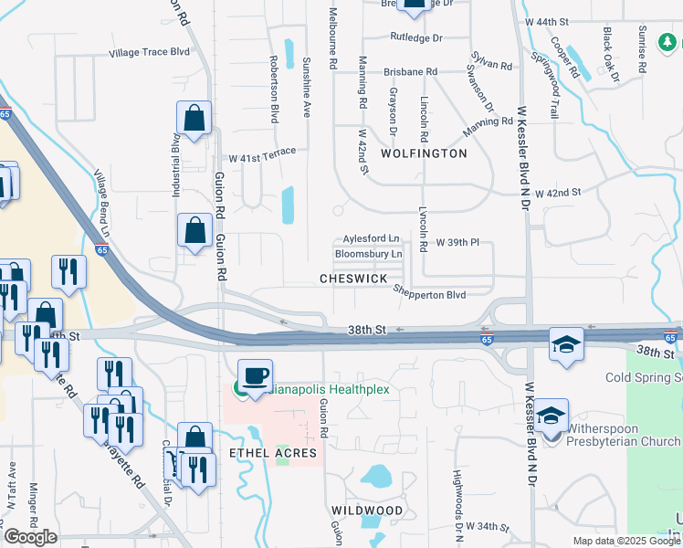 map of restaurants, bars, coffee shops, grocery stores, and more near 3523 Bodelva Lane in Indianapolis