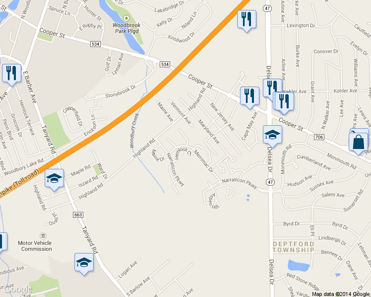 map of restaurants, bars, coffee shops, grocery stores, and more near 132 Hemlock Court in Deptford