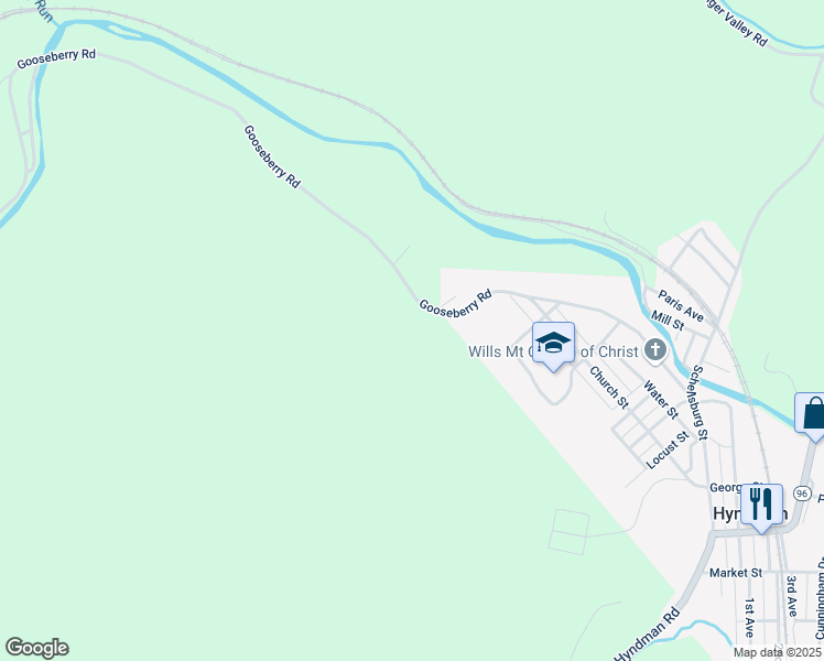 map of restaurants, bars, coffee shops, grocery stores, and more near Gooseberry Road in Hyndman
