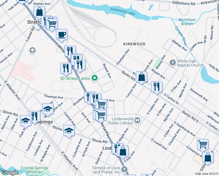 map of restaurants, bars, coffee shops, grocery stores, and more near 129 Laureba Avenue in Stratford