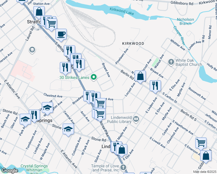 map of restaurants, bars, coffee shops, grocery stores, and more near 129 Laureba Avenue in Stratford