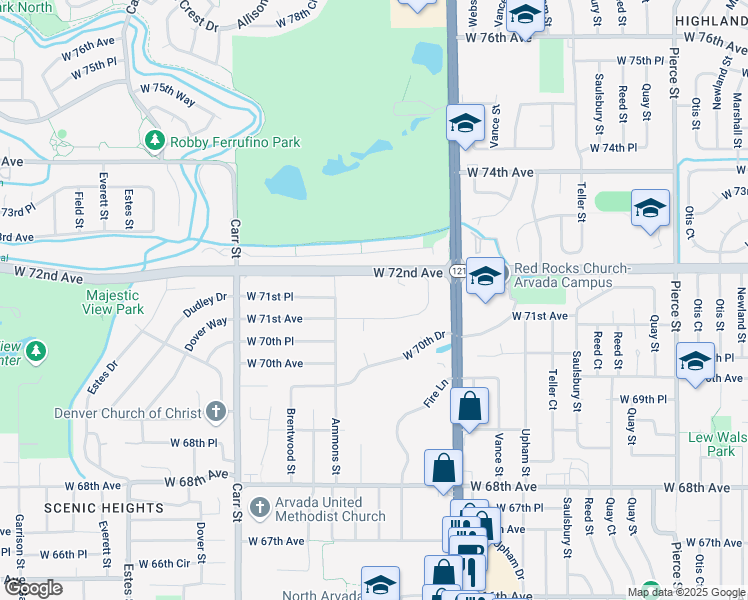 map of restaurants, bars, coffee shops, grocery stores, and more near 8001 West 71st Avenue in Arvada