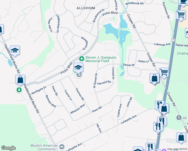 map of restaurants, bars, coffee shops, grocery stores, and more near 47 Sunset Drive in Voorhees Township