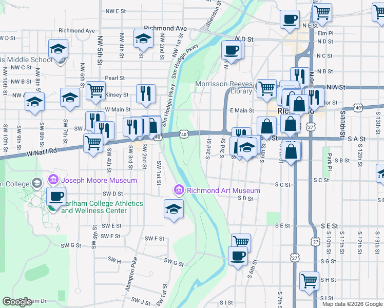 map of restaurants, bars, coffee shops, grocery stores, and more near South 1st Street in Richmond