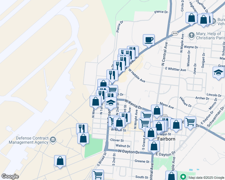 map of restaurants, bars, coffee shops, grocery stores, and more near 230 North Broad Street in Fairborn