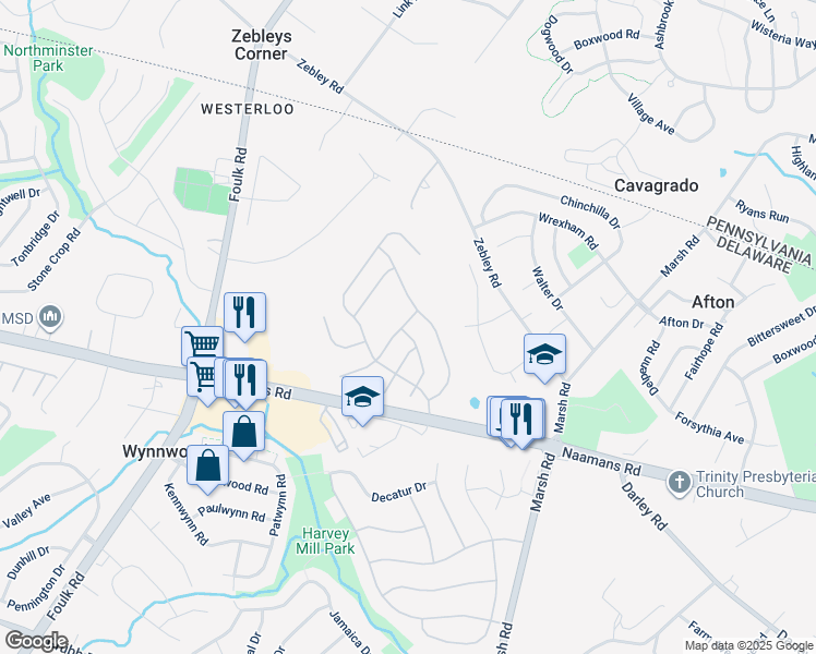 map of restaurants, bars, coffee shops, grocery stores, and more near 355 Rockmeade Drive in Wilmington