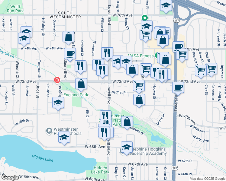 map of restaurants, bars, coffee shops, grocery stores, and more near 7145 Lowell Boulevard in Westminster