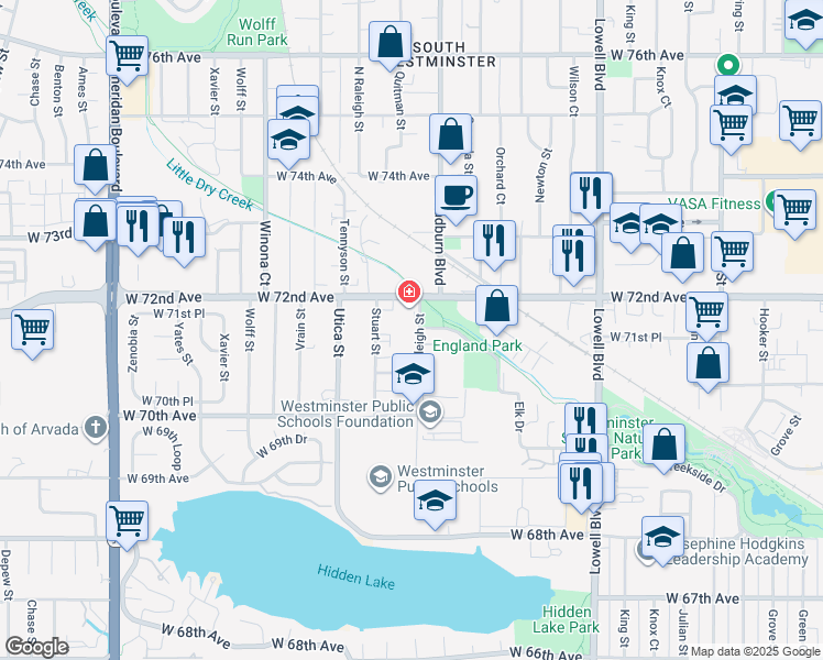 map of restaurants, bars, coffee shops, grocery stores, and more near 7165 Raleigh Street in Westminster