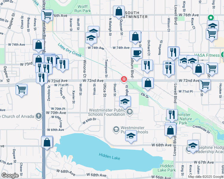 map of restaurants, bars, coffee shops, grocery stores, and more near 7179 Stuart Street in Westminster