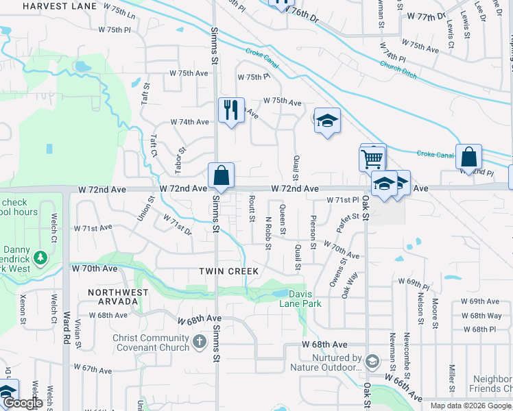 map of restaurants, bars, coffee shops, grocery stores, and more near 7170 Routt Street in Arvada