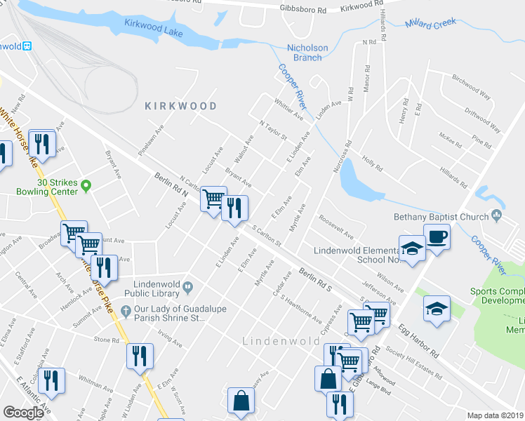 map of restaurants, bars, coffee shops, grocery stores, and more near 722 East Linden Avenue in Lindenwold