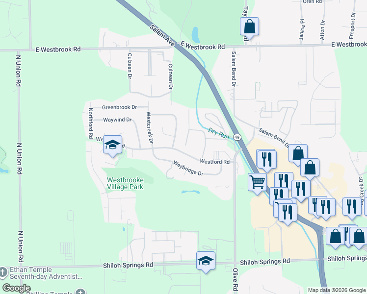 map of restaurants, bars, coffee shops, grocery stores, and more near 5501-5599 Autumn Woods Drive in Trotwood