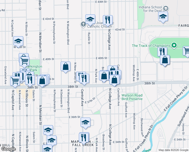 map of restaurants, bars, coffee shops, grocery stores, and more near 551 East 39th Street in Indianapolis