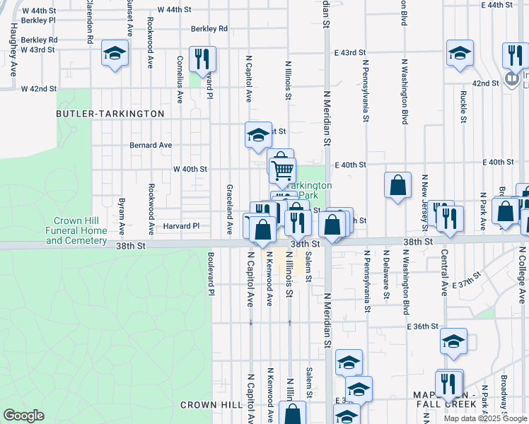 map of restaurants, bars, coffee shops, grocery stores, and more near 3903 North Kenwood Avenue in Indianapolis