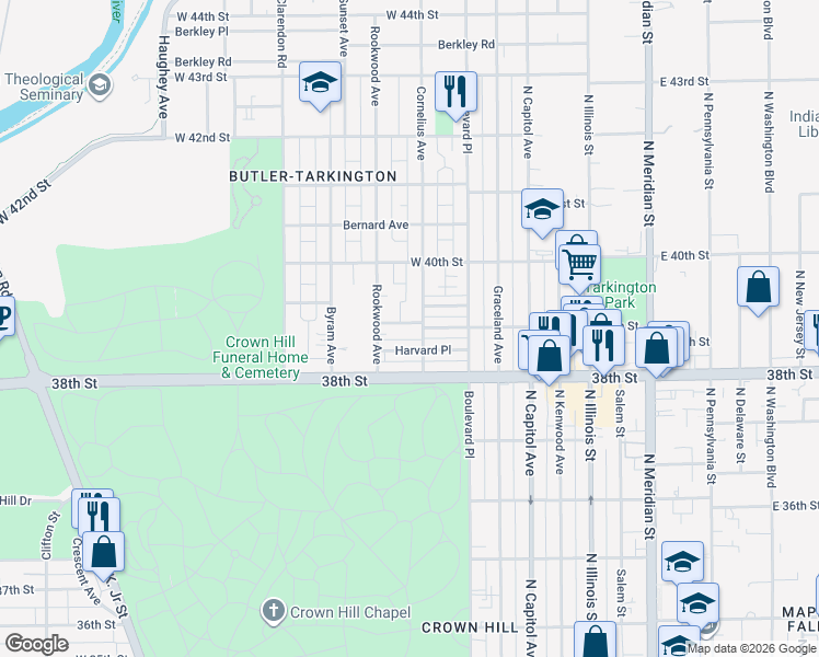 map of restaurants, bars, coffee shops, grocery stores, and more near 402 West 39th Street in Indianapolis