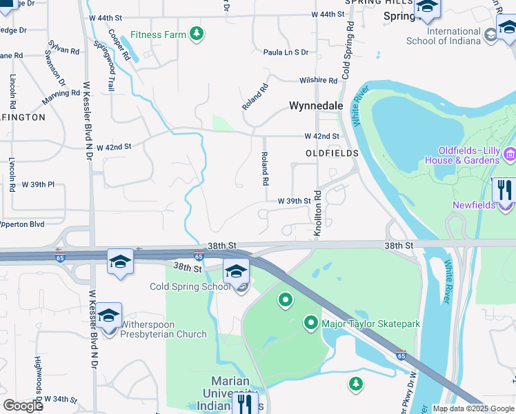 map of restaurants, bars, coffee shops, grocery stores, and more near 2224 Rome Drive in Indianapolis