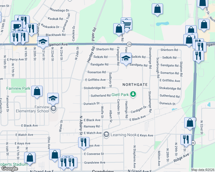 map of restaurants, bars, coffee shops, grocery stores, and more near 2000-2030 Sudbury Rd in Springfield