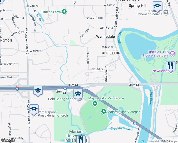 map of restaurants, bars, coffee shops, grocery stores, and more near 2224 Rome Drive in Indianapolis