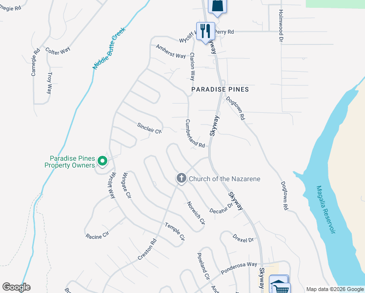 map of restaurants, bars, coffee shops, grocery stores, and more near 14239 Sherwood Circle in Magalia