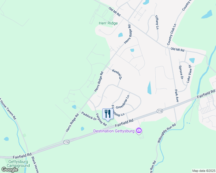 map of restaurants, bars, coffee shops, grocery stores, and more near 396 Friendship Lane in Gettysburg