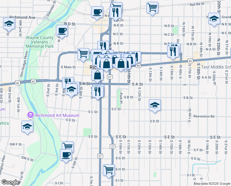 map of restaurants, bars, coffee shops, grocery stores, and more near 122 South 10th Street in Richmond