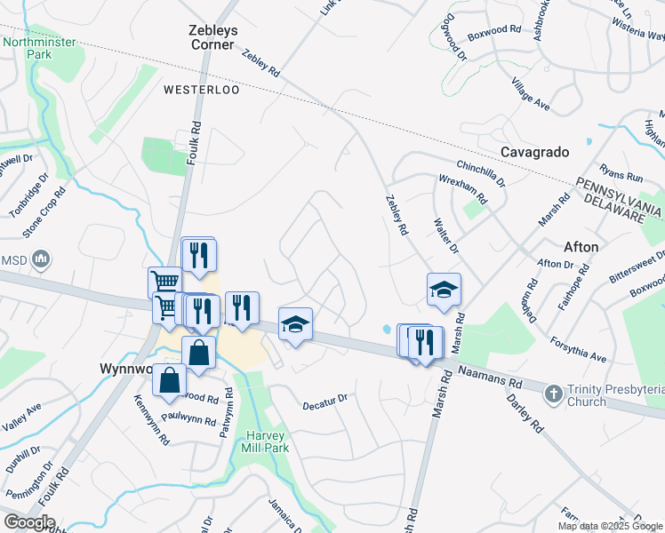 map of restaurants, bars, coffee shops, grocery stores, and more near 355 Rockmeade Drive in Wilmington