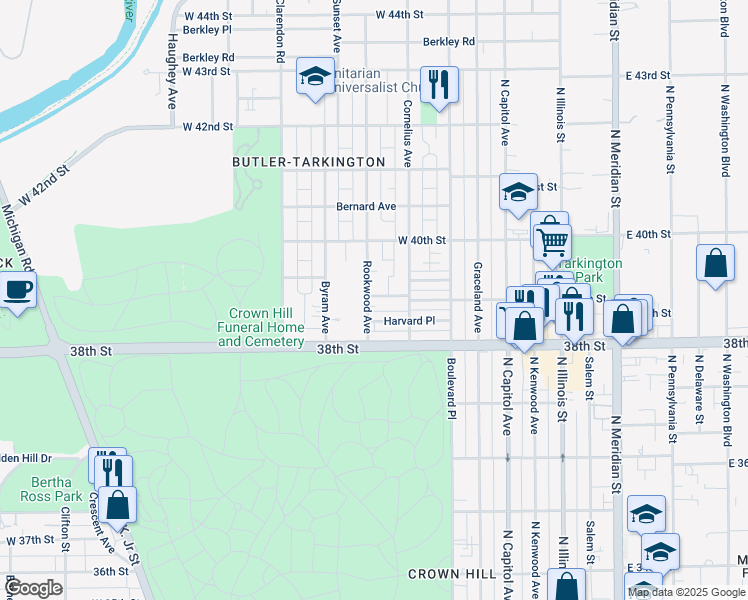 map of restaurants, bars, coffee shops, grocery stores, and more near 3901 Rookwood Avenue in Indianapolis