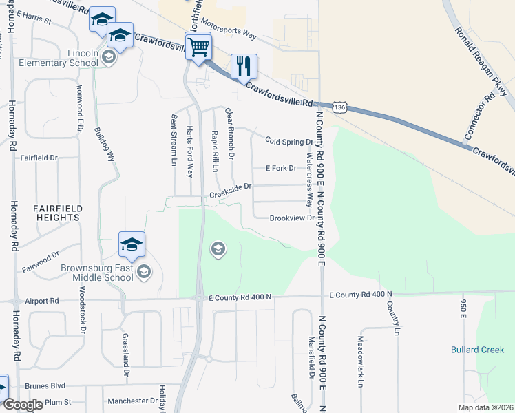 map of restaurants, bars, coffee shops, grocery stores, and more near 1603 Quinn Creek Drive in Brownsburg