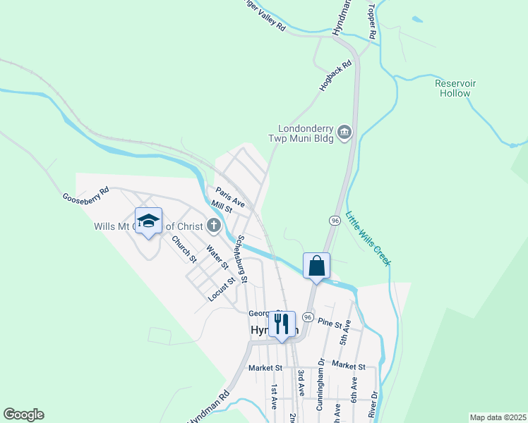 map of restaurants, bars, coffee shops, grocery stores, and more near 104 Bernards Lane in Hyndman