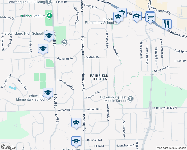 map of restaurants, bars, coffee shops, grocery stores, and more near 9 Roselawn Avenue in Brownsburg