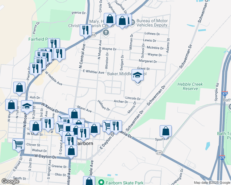 map of restaurants, bars, coffee shops, grocery stores, and more near 329 Wallace Drive in Fairborn