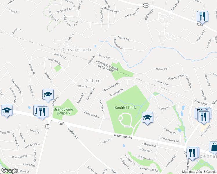 map of restaurants, bars, coffee shops, grocery stores, and more near 2634 Bittersweet Drive in Wilmington