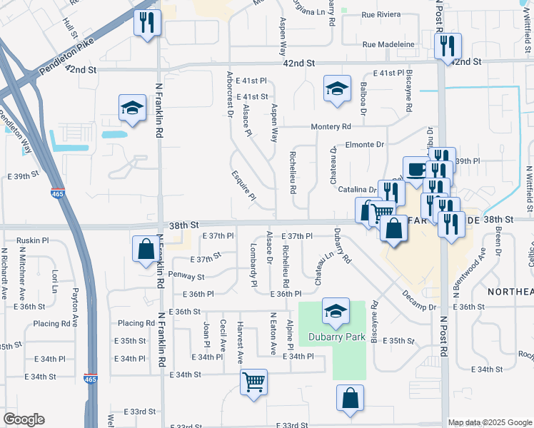 map of restaurants, bars, coffee shops, grocery stores, and more near 3814 Esquire Place in Indianapolis