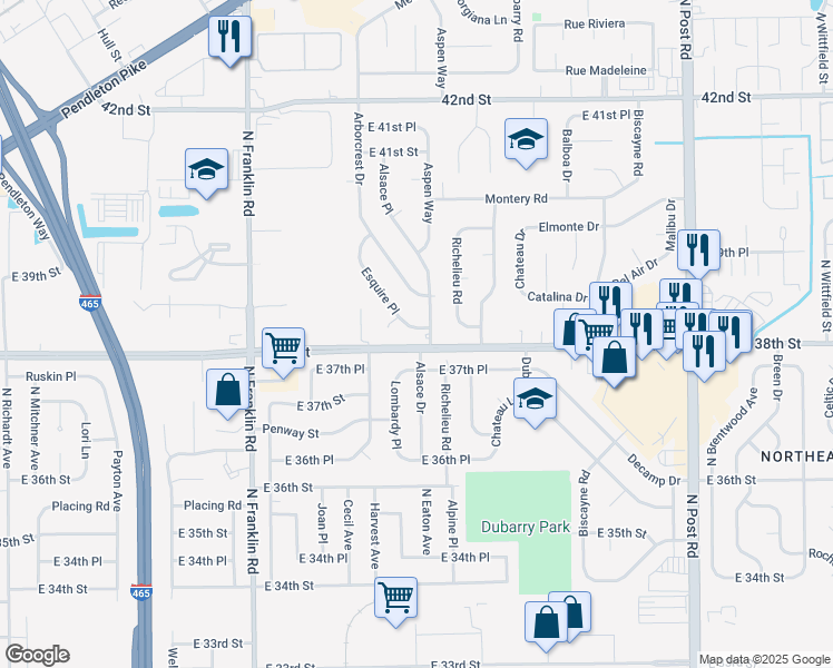 map of restaurants, bars, coffee shops, grocery stores, and more near 3814 Esquire Place in Indianapolis